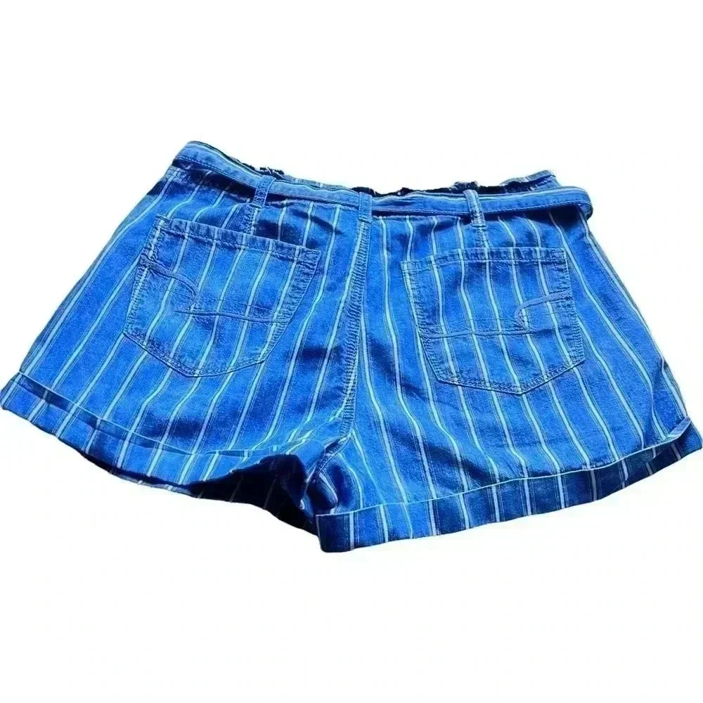 WOMENS AMERICAN EAGLE•DENIM STRIPED TIE FRONT HIGH RISE PAPER BAG SHORTS•SIZE 8•